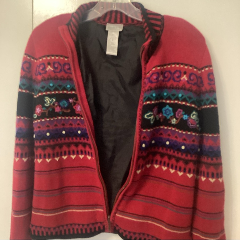 Koret Petite Small Embroidered Zip Jacket Sweater Boho Folk Red